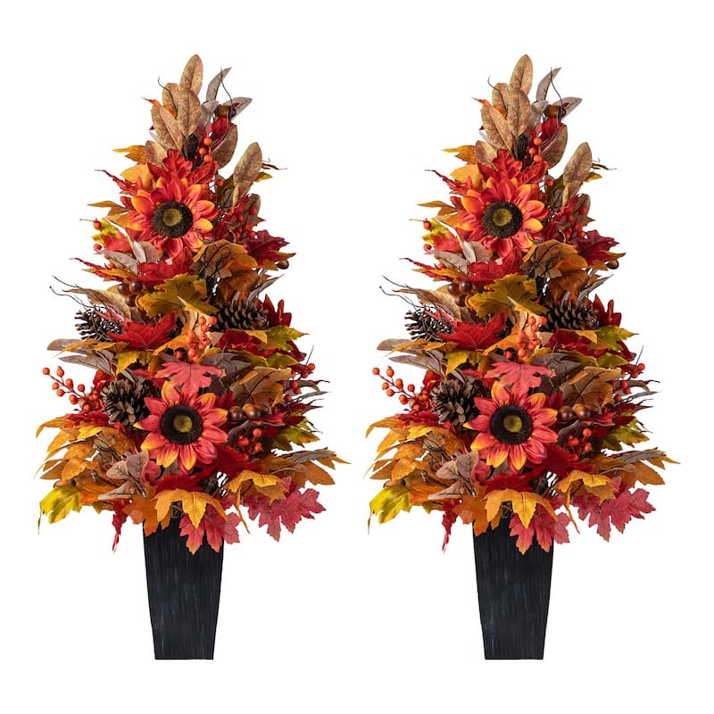 Glitzhome 3FT Fall Pumpkin Sunflower Pinecones Floral Porch Potted Tree