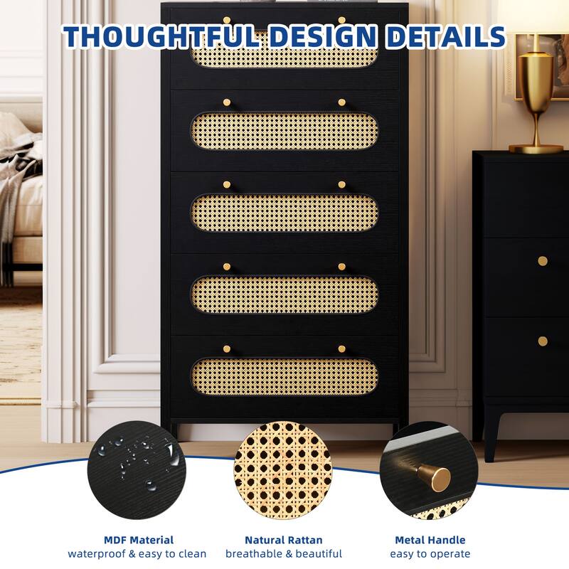 Moasis 5 Drawer Dresser,Chest of Drawers with Rattan Finish and Golden Handles