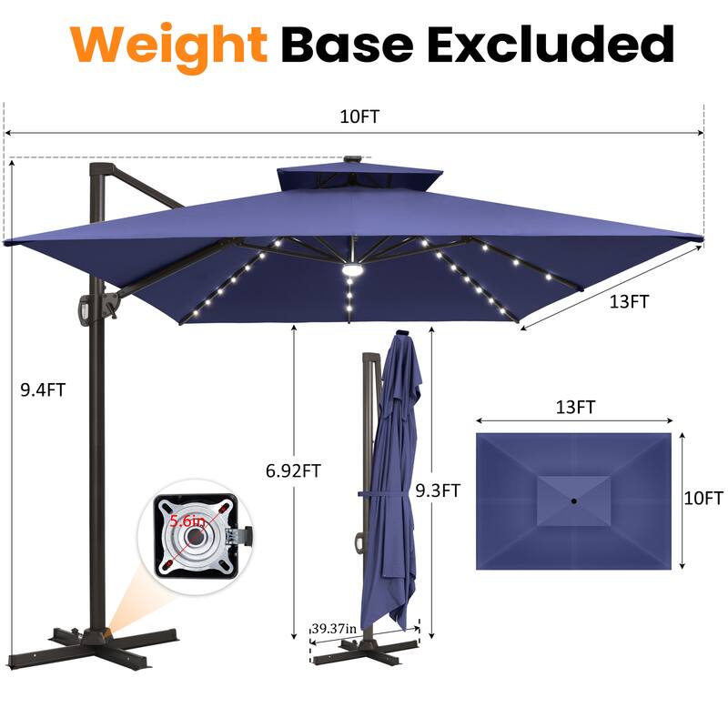 VredHom 10X13 FT Outdoor Cantilever Patio Umbrella Solar LED Light
