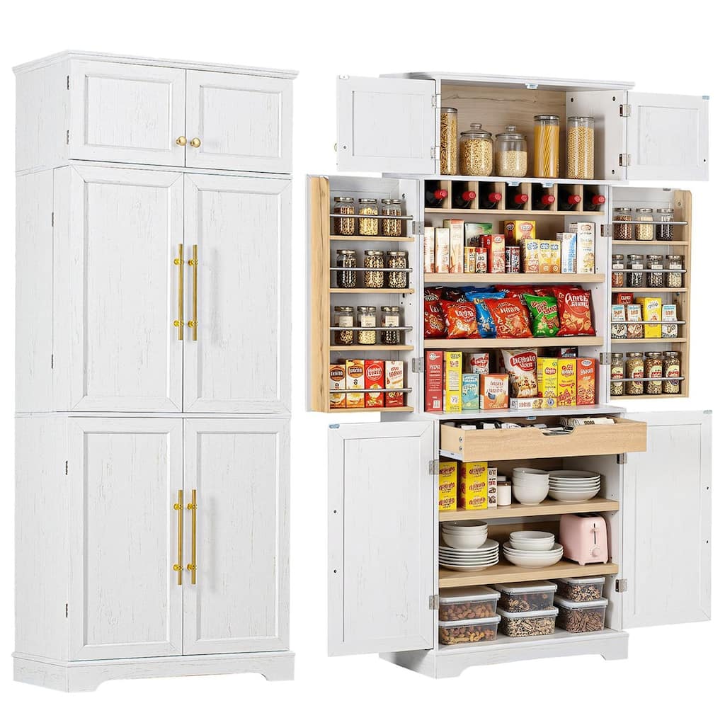 78.2" Kitchen Pantry Cabinet, Farmhouse Storage Cupboard with 8 Door Shelves, 4 Adjustable Shelves, Hidden Drawer & Wine Rack