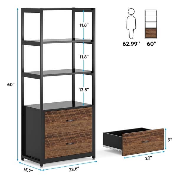 dimension image slide 2 of 3, 4-Tier White Bookshelf with 2 Drawers, Etagere Standard Book Shelves Display Shelf for Home Office - 60”H x 23.6”L x 15.7”W