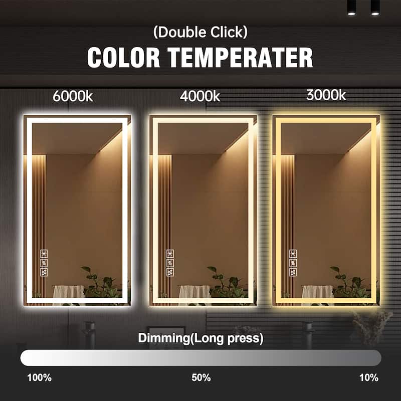 48×24 Inch Anti-Fog LED Bathroom Mirror with Modern Straight-Edged Design, 3 Color Dimmable Lighting, Horizontal/Vertical