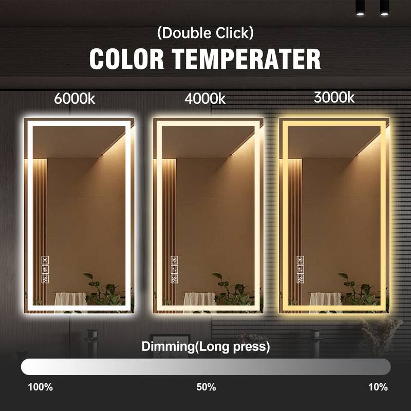 Anti-Fog LED Bathroom Mirror - Modern Straight-Edged, 3 Color Dimmable, Wall Mount - Silver