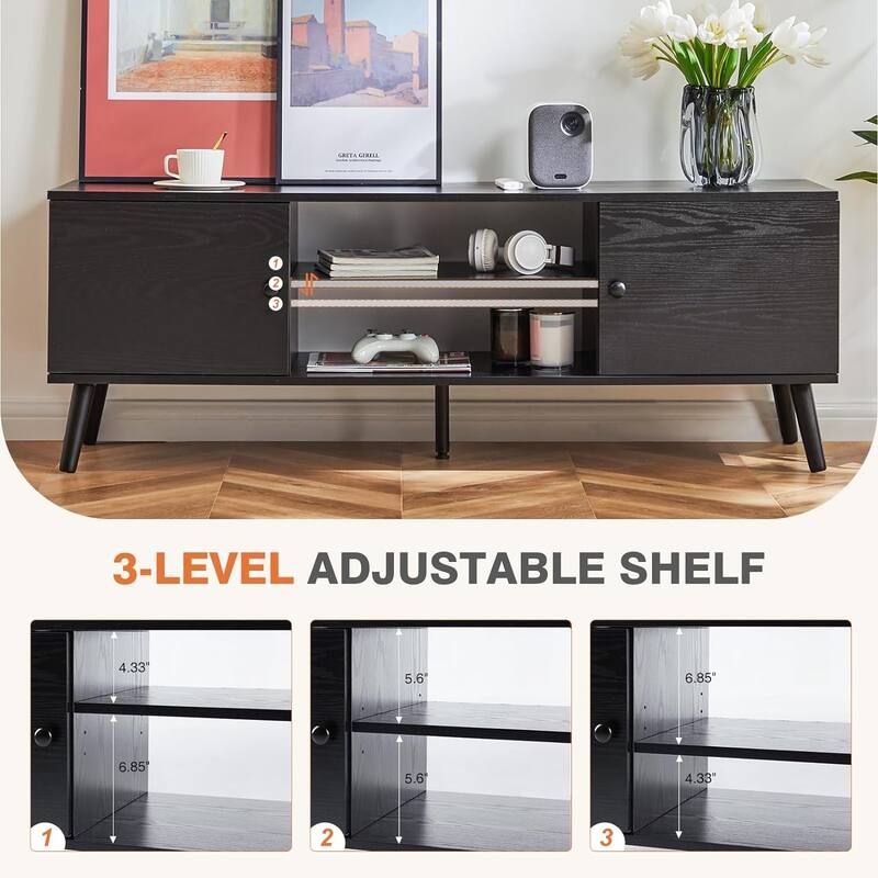 TV Stand for 55 60 inch TV, Entertainment Center with Storage Cabinet, Mid Century Modern Media Console Table, Adjustable Hinge