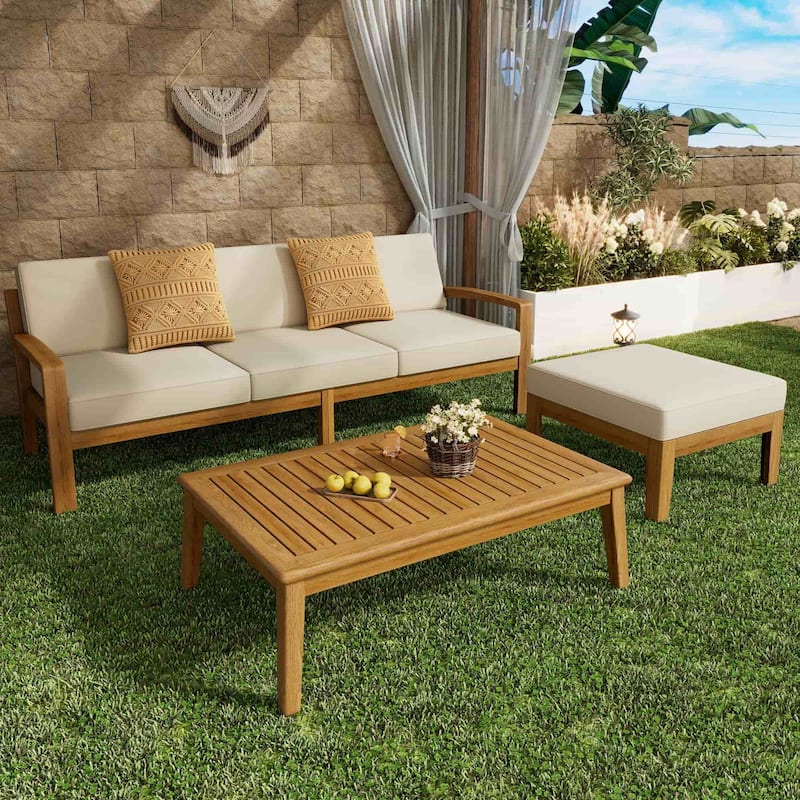 3-Piece Outdoor Acacia Wood Sectional Sofa Set with Coffee Table - 3-Piece