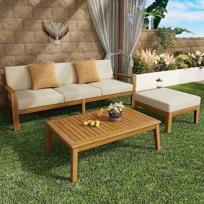 3-Piece Outdoor Acacia Wood Sectional Sofa Set with Coffee Table