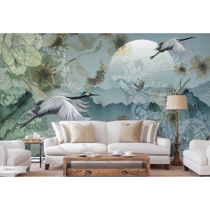 Serene Cranes and Blossoms Wallpaper Mural - Blue - W:175" x H:118"
