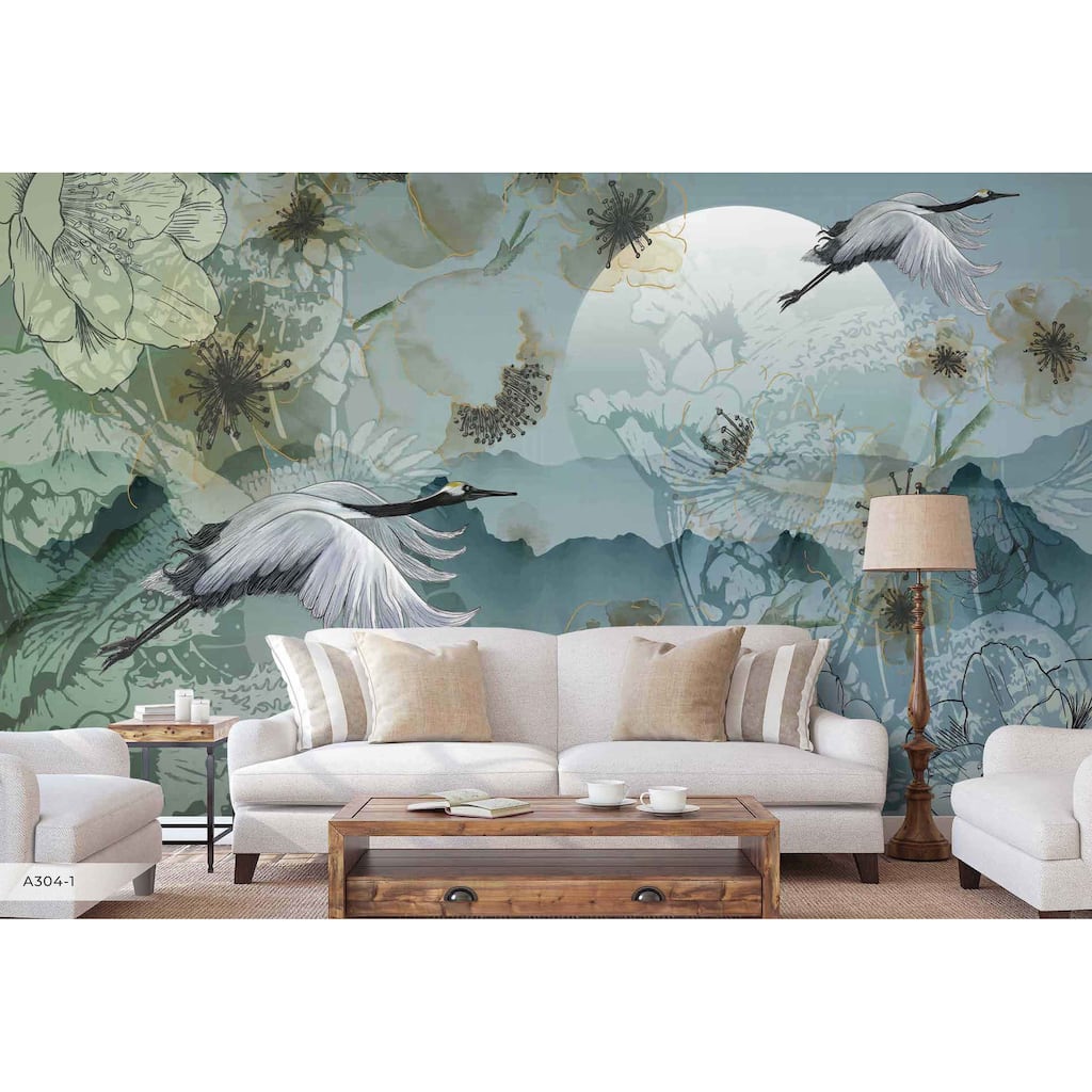 Serene Cranes and Blossoms Wallpaper Mural
