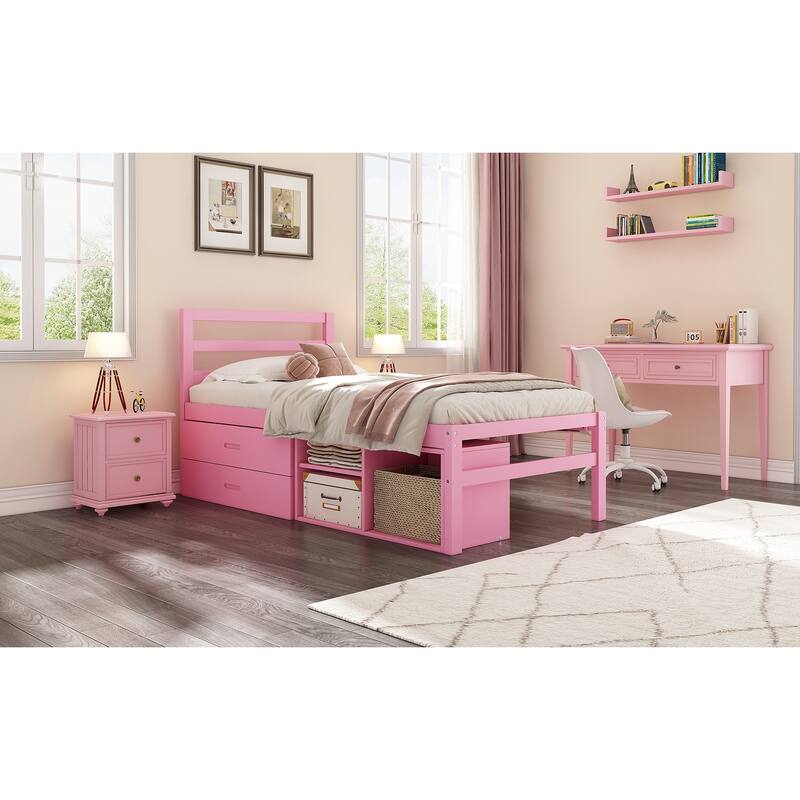 Wood Bed with Removable Shelves & 2 Storage Drawers