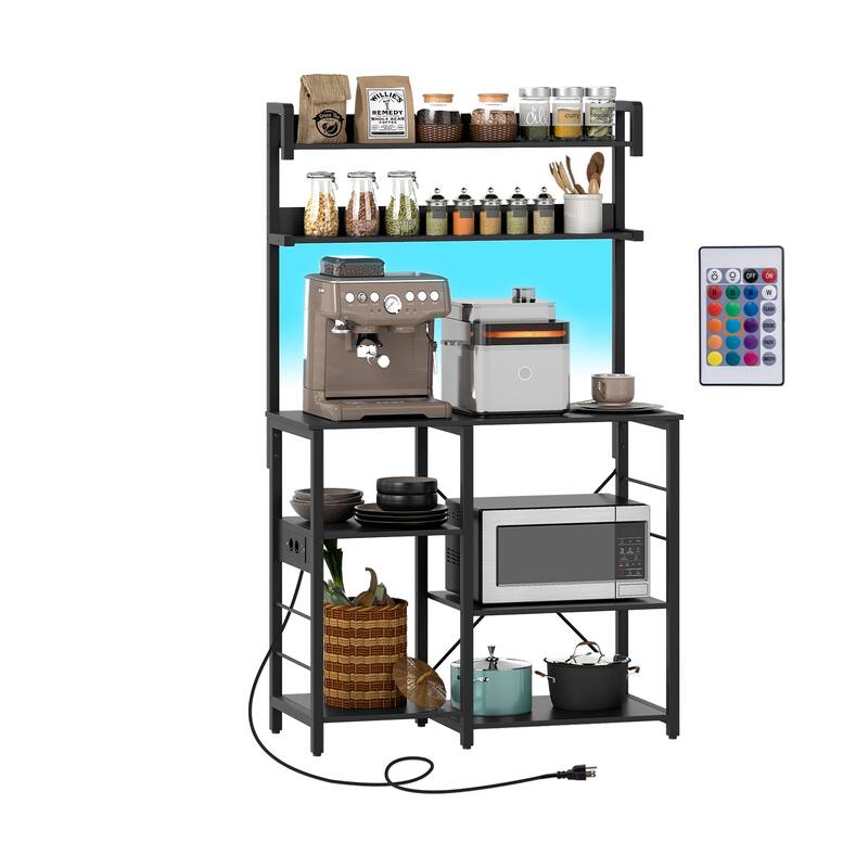 Kitchen Baker’s Rack with Charging Station, LED Light, Coffee Bar Station with Shelves - 35.5" x 16" x 58"