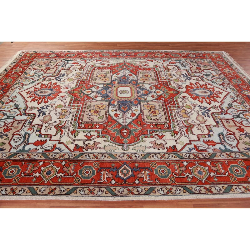 Hand Knotted Oriental 100% Wool Carpet Traditional Medallion Beige & Ivories Heriz (serapi) Area Rug - 12' 0'' X 9' 1''