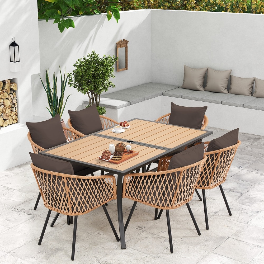 Erommy 7 Piece Outdoor Dining Set with Umbrella Hole, Patio Table and 6 Rattan Chairs with Cushions, Weather-Resistant Furniture
