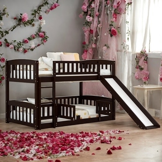 Twin Over Twin Low Bunk Bed With Slide,Fence and Ladder for Bedroom