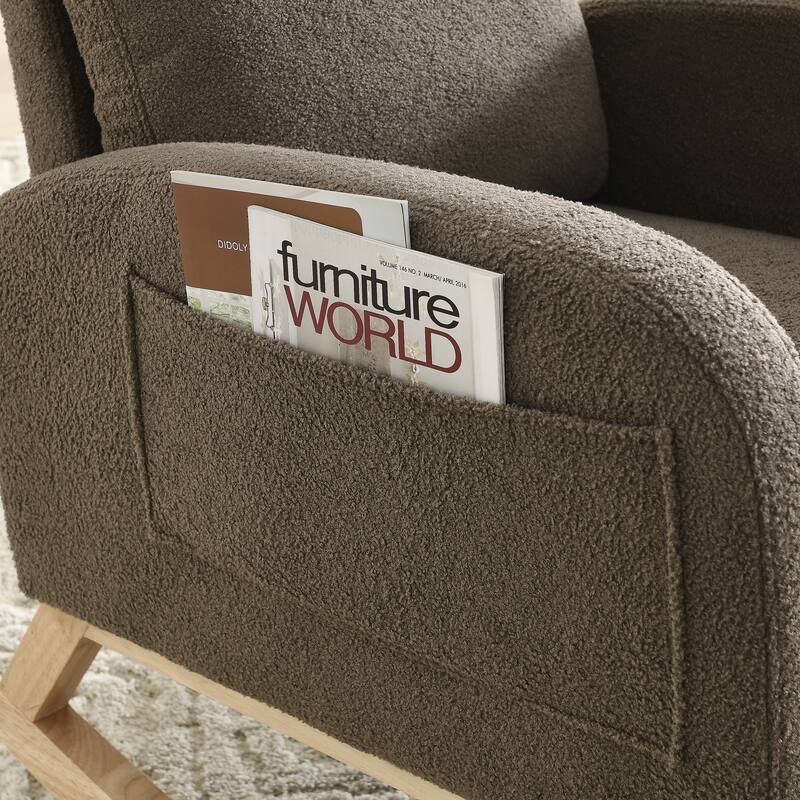 Coffee Modern 27.6" High Back Upholstered Rocking Chair with Two Side Pocket and Sturdy Thickened Rubber Wood Base