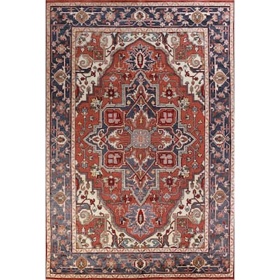 Orange Medallion Heriz Serapi Oriental Large Rug Handmade Wool Carpet - 9'11" x 13'9"