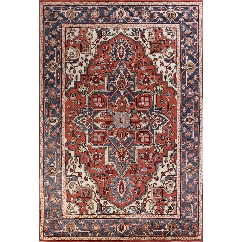 Hand Knotted Oriental 100% Wool Carpet Traditional Medallion Oranges & Rust Heriz (serapi) Area Rug - 13' 9'' X 9' 11''