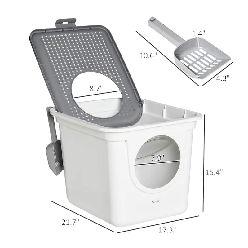 PawHut Cat Litter Box with Lid, Covered Kitty Litter Box with Front Entrance, Top Exit, Scoop, Easy Cleaning Cat Toilet, White
