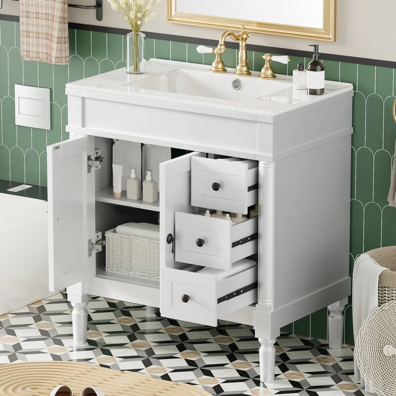 30" Elegant Bathroom Vanity Set with Ceramic Sink - Solid Wood & MDF, 2 Doors & 3 Drawers, Soft-Close, Adjustable Shelf - White