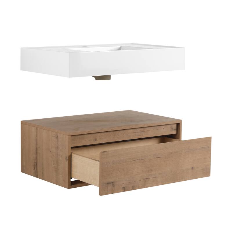 30" Wall-Mounted Bathroom Vanity with Resin Sink, Soft-Close Drawer & Adjustable Side Cabinets, Easy Assembly
