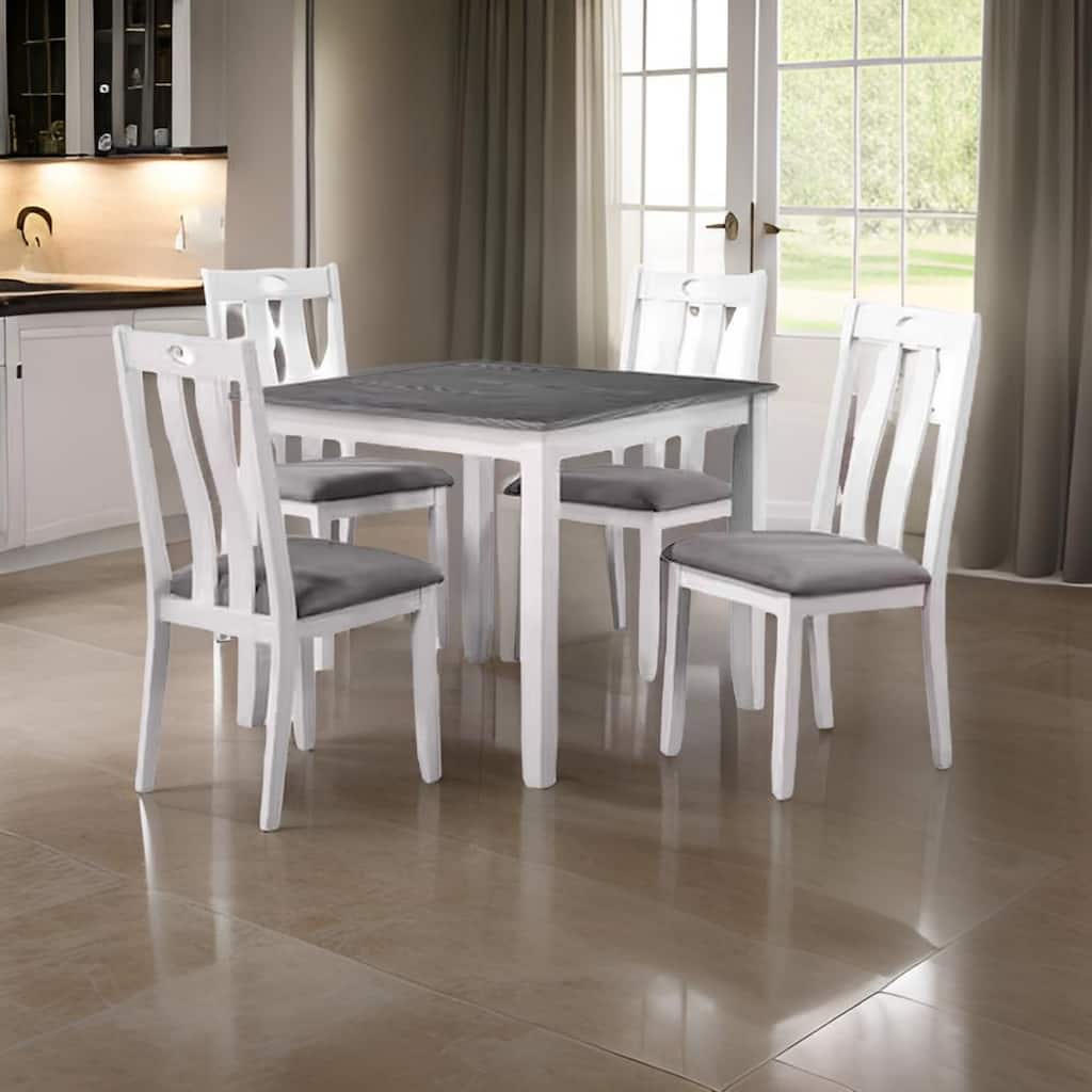 Helio 5 Piece Dining Table and Chairs Set, White Wood, Gray Fabric Seats