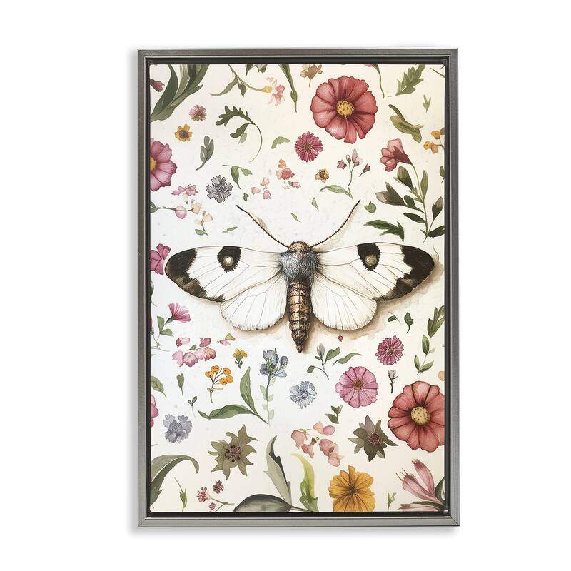 Stupell White Moth & Botanicals Framed Floater Canvas Wall Art Design By The Dutch Lady - 17 x 25 - Grey