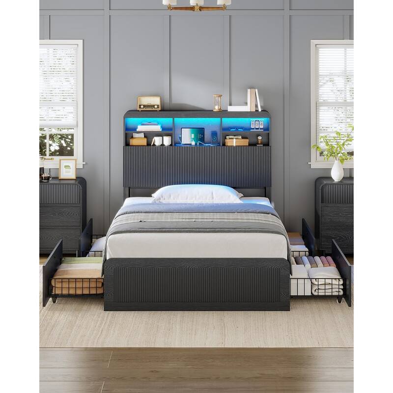 Bed Frame with 4 Storage Drawers and Hidden Storage Headboard Charging Station - Black - Twin