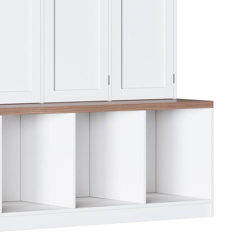75"H Hall Tree with Walnut Storage Bench，Entryway Shoe Cabinet with Open Compartments and 8 Doors, 4 Hidden Hanging Hooks