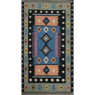 Hand Woven Oriental 100% Wool Carpet Southwestern Tribal Navy Blue & Blues Kilim Area Rug - 9' 11'' X 5' 3''