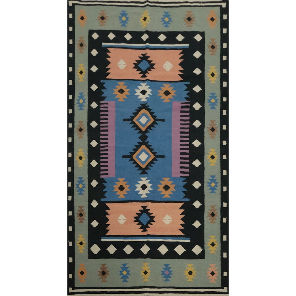 Hand Woven Oriental 100% Wool Carpet Southwestern Tribal Navy Blue & Blues Kilim Area Rug - 9' 11'' X 5' 3''