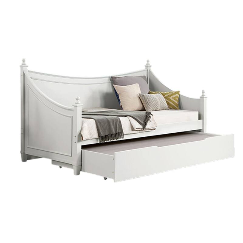 Kiki Twin Size Daybed w Trundle, Molded Details White Solid Wood