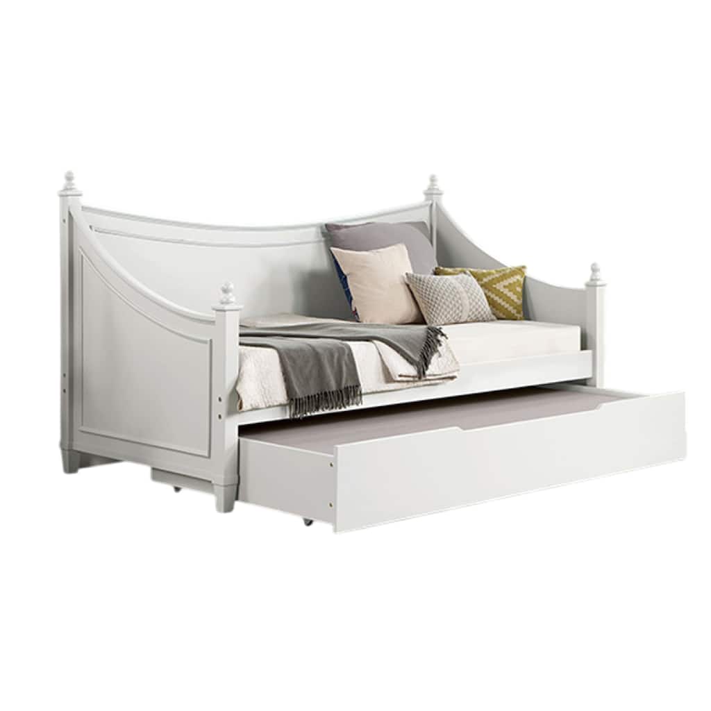 Kiki Twin Size Daybed w Trundle, Molded Details White Solid Wood
