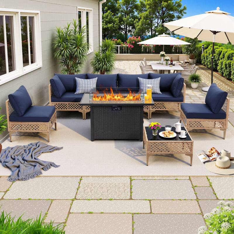 8 PCS Wicker Patio Conversation Set With Fire Table