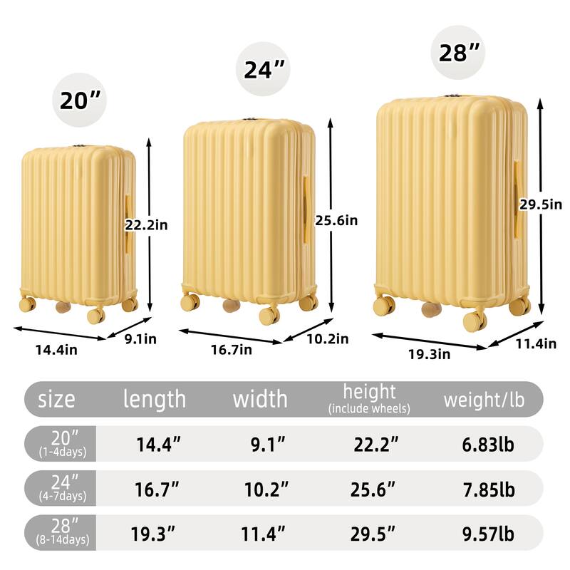 20"/24"/28" 3-Piece Modern Luggage Sets with Cup Holder, USB Port and Phone Holder, for Boarding Travel, Yellow