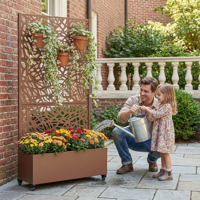 Metal Galvanized Planter Box with Trellis Privacy Screen Lockable Wheels