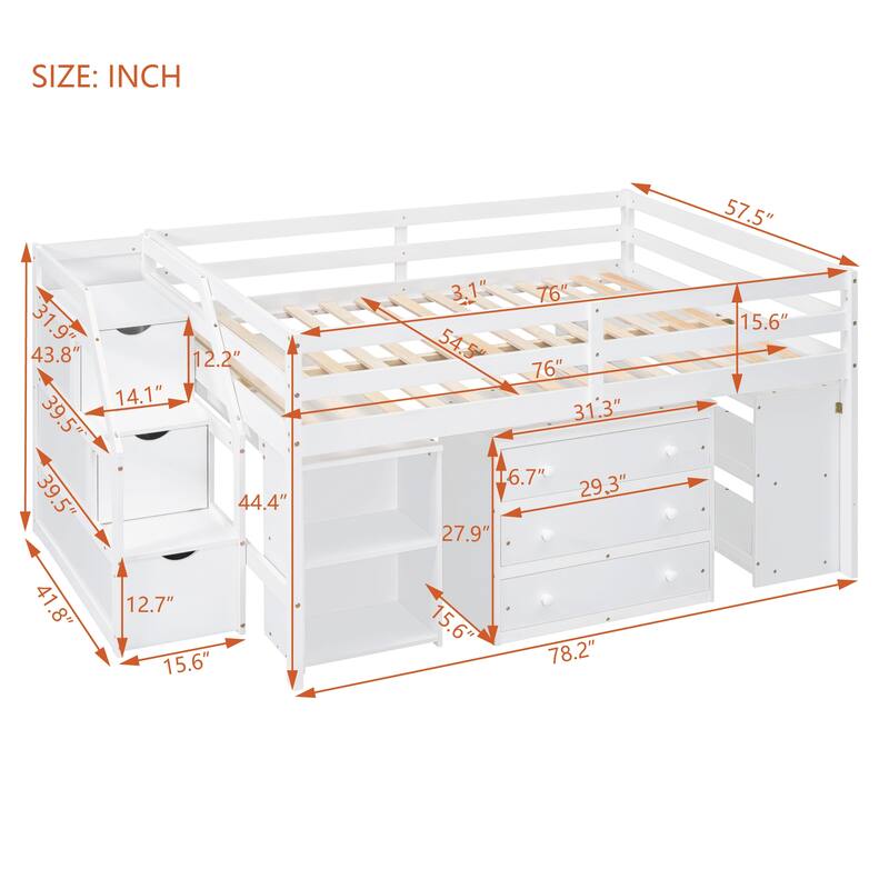 Twin/Full Size Loft Bed with Retractable Writing Desk and 3 Drawers, Wooden Loft Bed Frame w/ Storage Stairs & Shelves for Kids