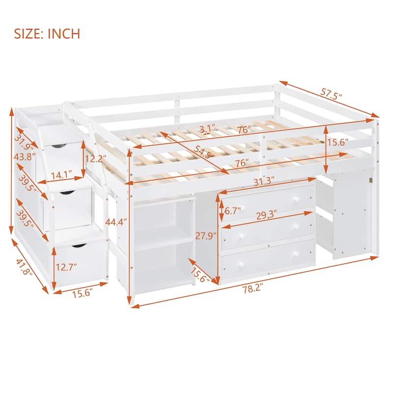 Full Size Loft Bed with Retractable Writing Desk and 3 Drawers, Wooden Loft Bed with Storage Stairs and Shelves, White - N/A