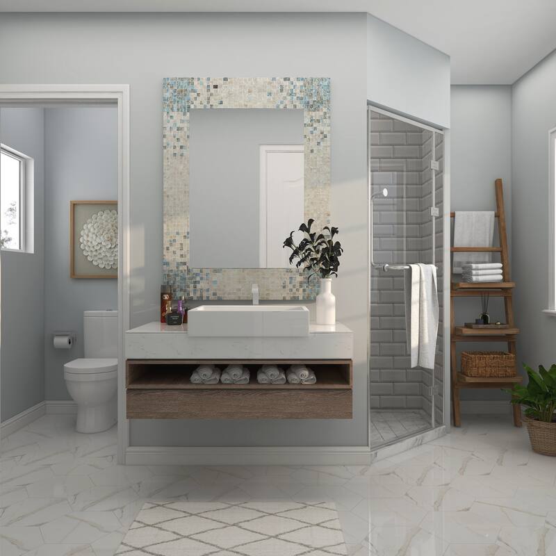 Cream Mother of Pearl Shell Handmade Mosaic Room Wall Mirror with Blue Corners