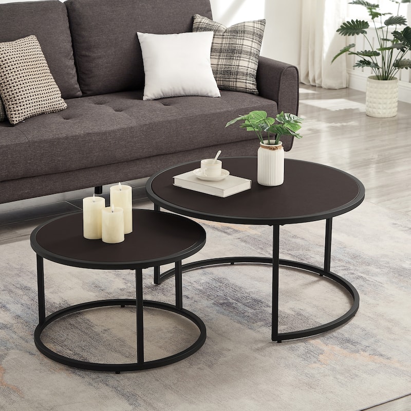 Dark Brown Nesting Table Round Coffee Table with Metal Base, Modern End Table Side Table Center Table