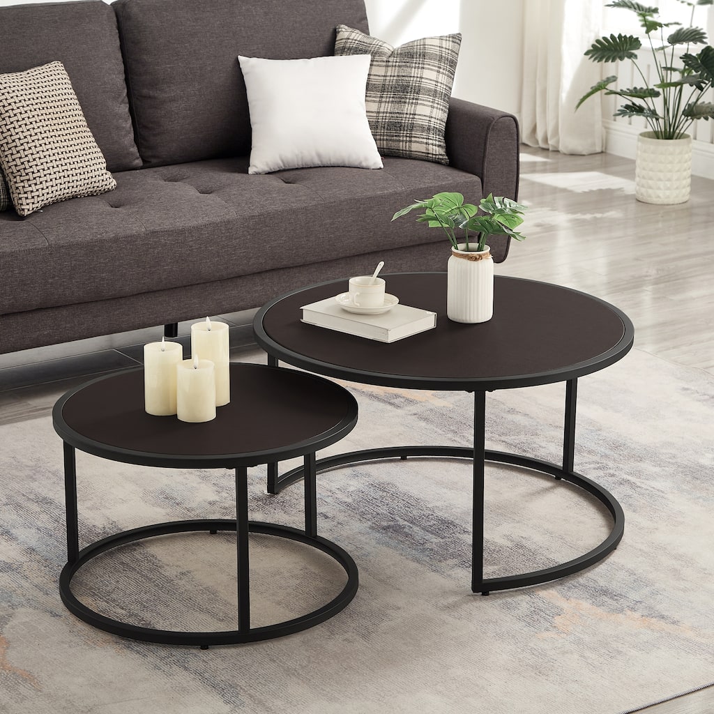Modern Faux Leather Nesting Coffee Tables, Round Accent Tea Table Set of 2 with Gold Metal Base for Living Room