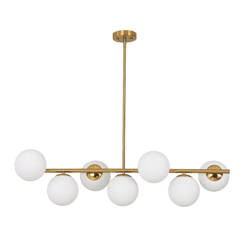 7-Light Mid-Century Modern Gold/Black Sputnik Metal Island Lights with Opal Glass Globe Shades for Kitchen, Dining Room