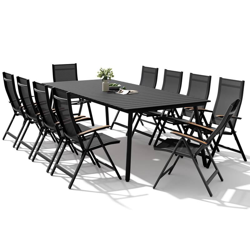 11PC Outdoor Patio Dining Set Aluminum Umbrella Hole Table with Folding Chairs