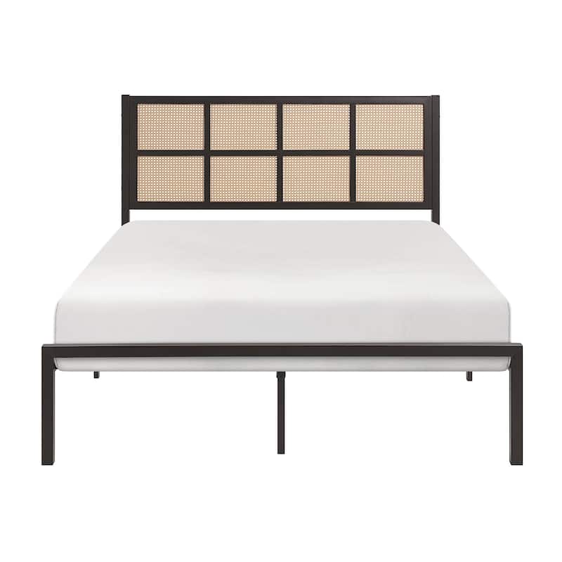 Annie Full Platform Metal Bed, Brown Faux Cane Panel Headboard, Dark Bronze