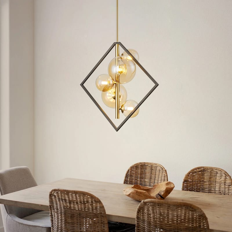 5-Light Black and Gold Modern Square Geometric Amber Glass Globe Bubble Chandelier for Dining Room