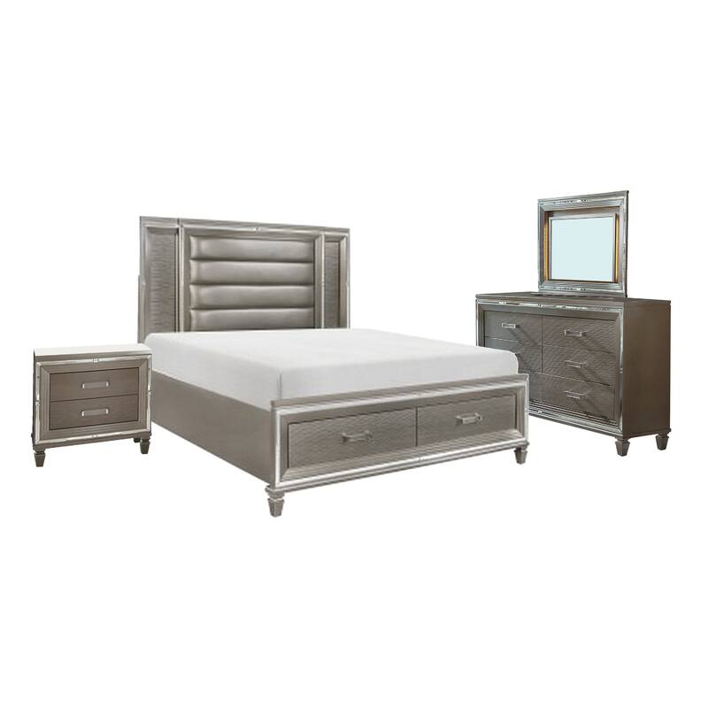 Deci 4 Pc Queen Bedroom, LED Headboard, Mirrored Trim, Champagne Silver
