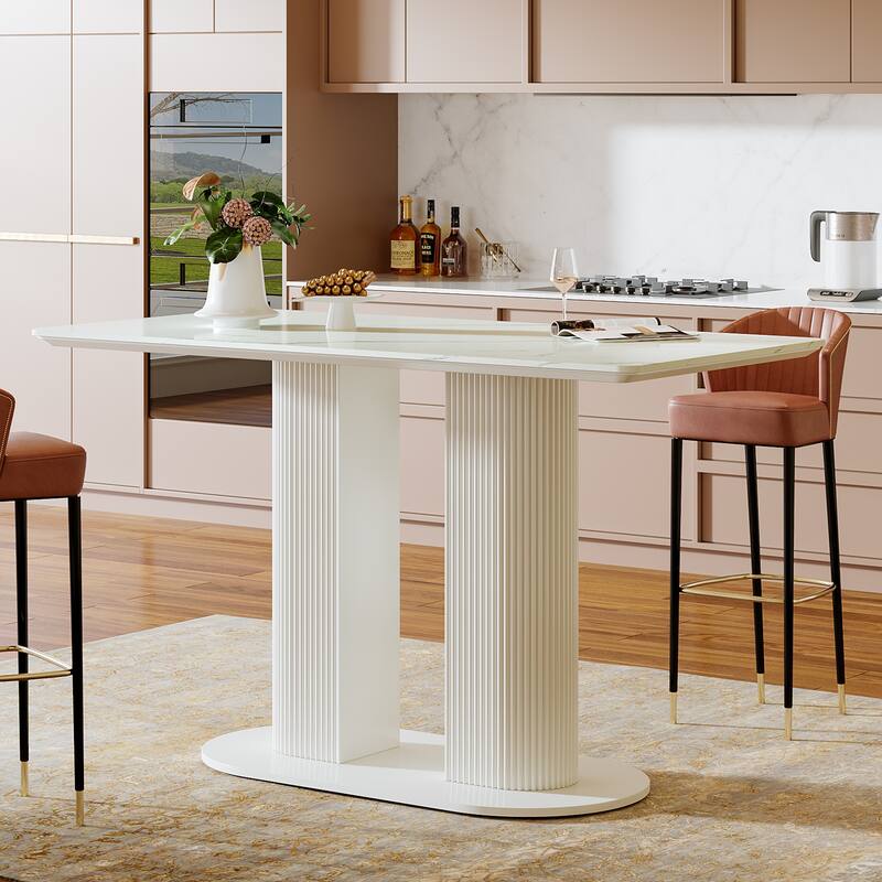 Counter Height Bar Table, Rectangular Pub Table with Faux Marble Tabletop, Home Bar Unit for Kitchen