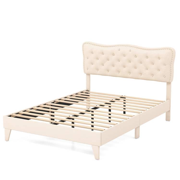 Bed Frame with Nail Headboard and Wooden Slats - Queen
