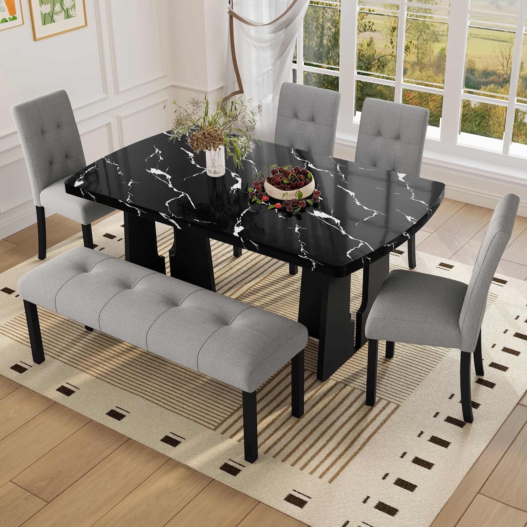 Modern 6-Piece Wood Dining Table Set, 63" Faux Marble Rectangular Dining Table with 4 Upholstered Chairs & Bench Set for 6