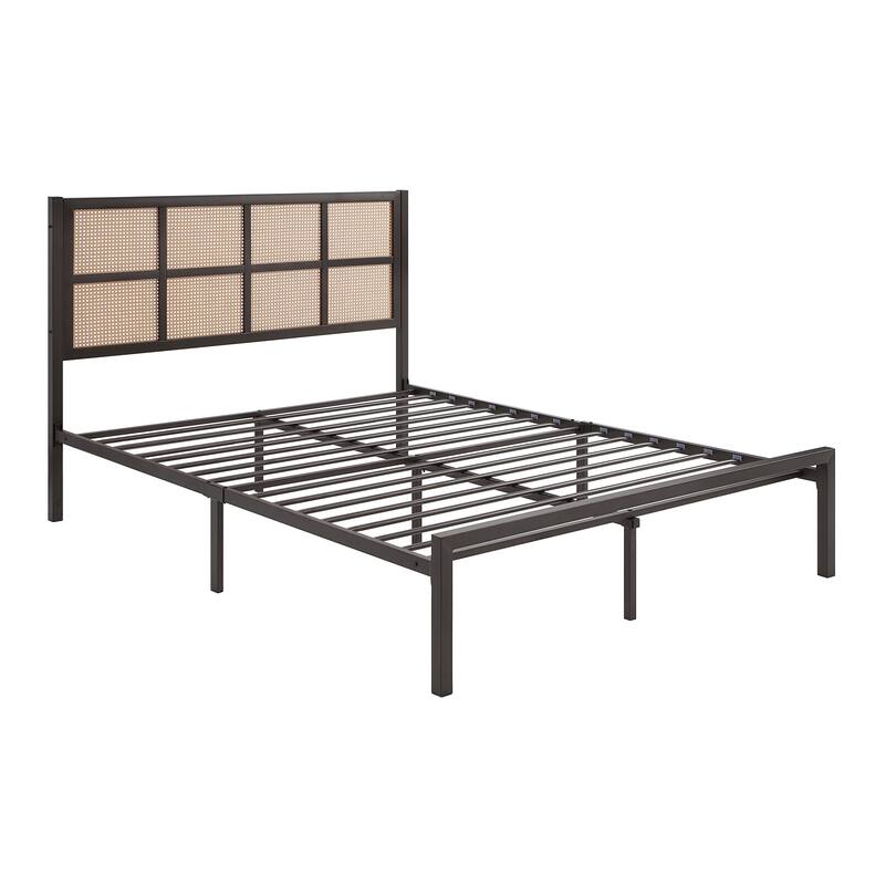 Queen Platform Bed with Faux Cane Headboard, Dark Bronze Metal Frame, No Box Spring Needed