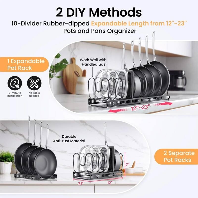 Adjustable Expandable Pot Lid Organizer, Space-Saving Cabinet Rack