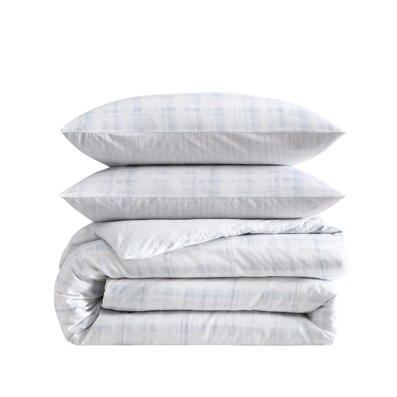 Vera Wang Blurred Plaid Cotton Sateen Textured Reversible Duvet Cover Set (Blue, 3 Piece)